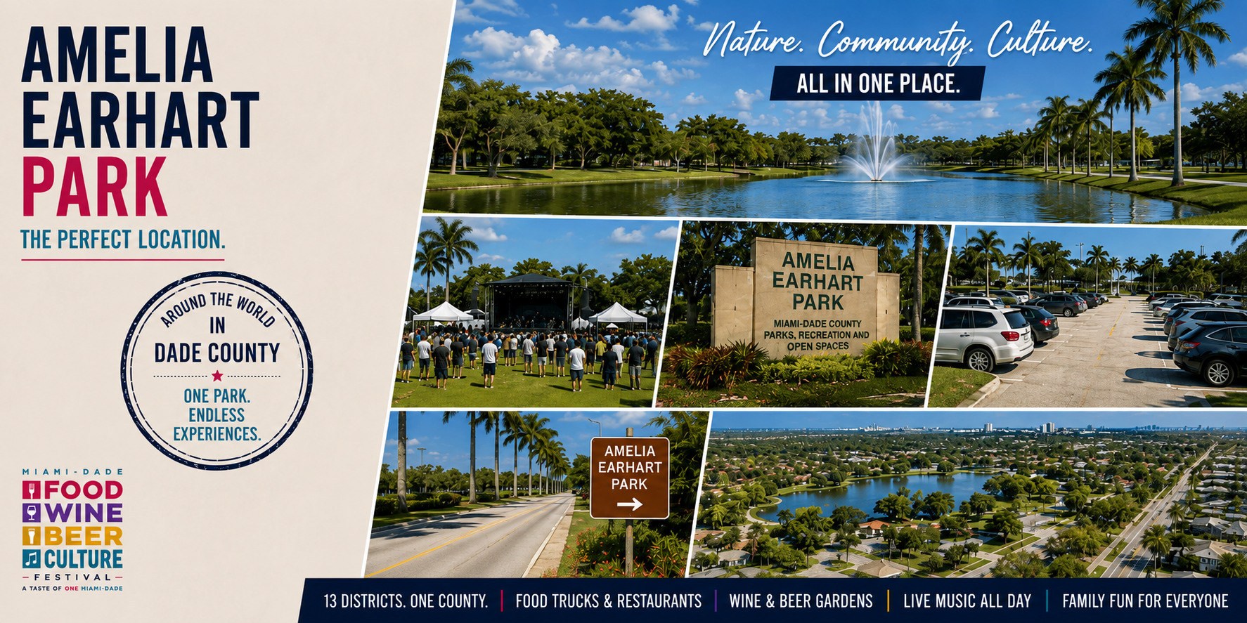 Amelia Earhart Park: a lake with a fountain ringed by palms, open green space with a stage, the park entrance sign, parking lots, the access road, and an aerial view of the grounds.