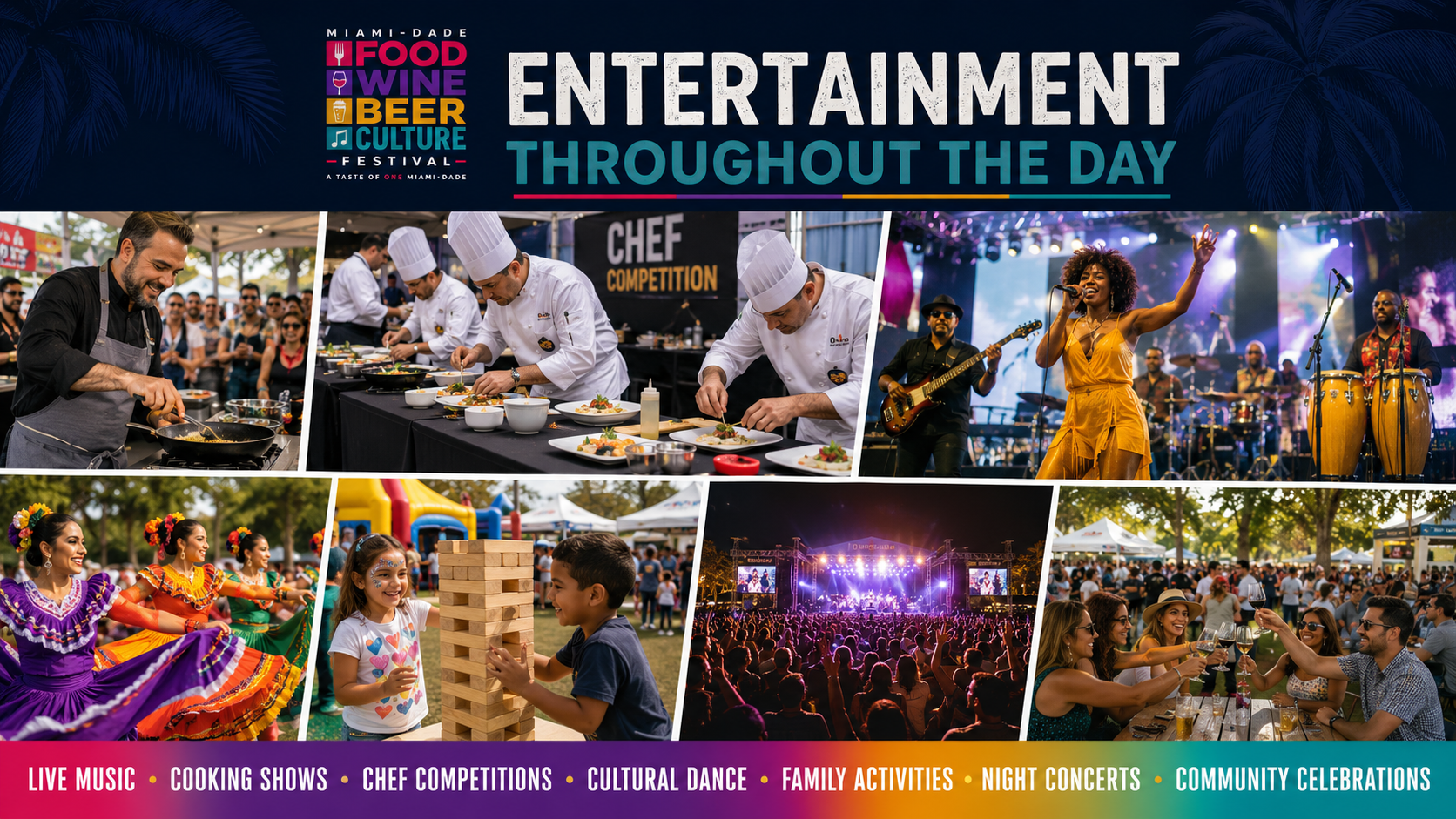 Entertainment programming: a chef at a cooking show, a chef competition, a live band with a singer, folkloric dancers in traditional dress, children playing giant Jenga, a night concert crowd, and friends toasting wine.