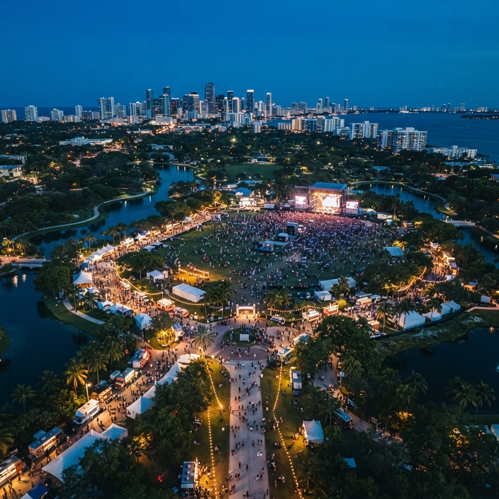 Aerial view of the festival grounds at dusk, with lit tents, trucks, and a main stage.