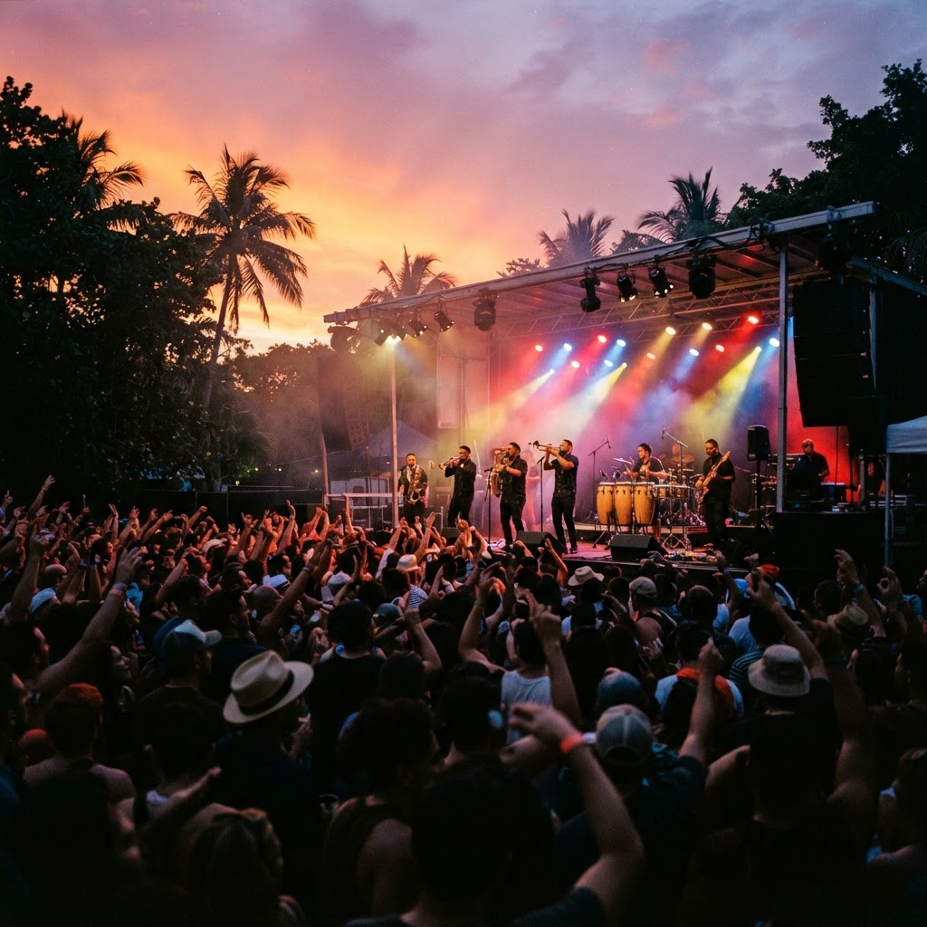 A band performing to a crowd with raised hands as the sun sets behind the main stage.