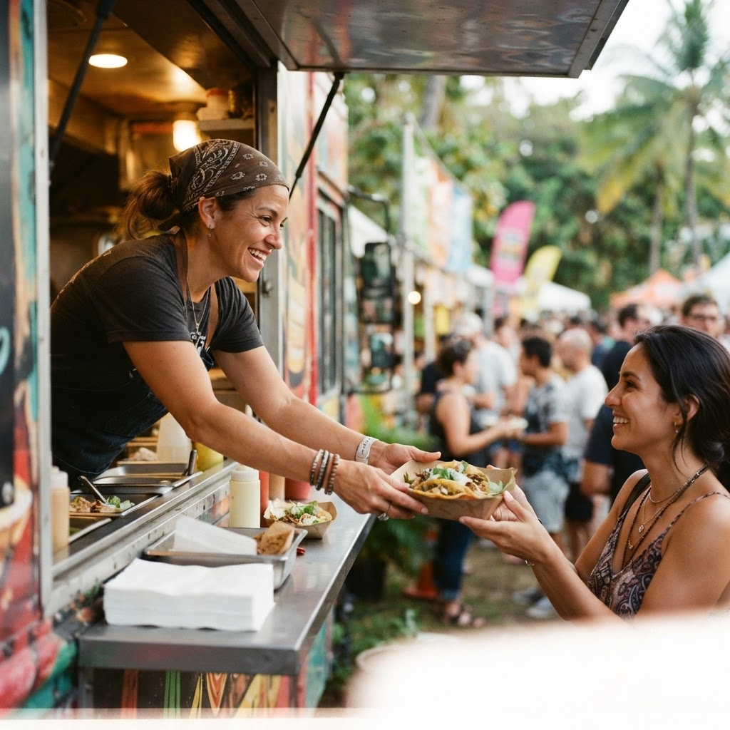 A vendor leans out of a food truck window to hand a tray of tacos to a guest.