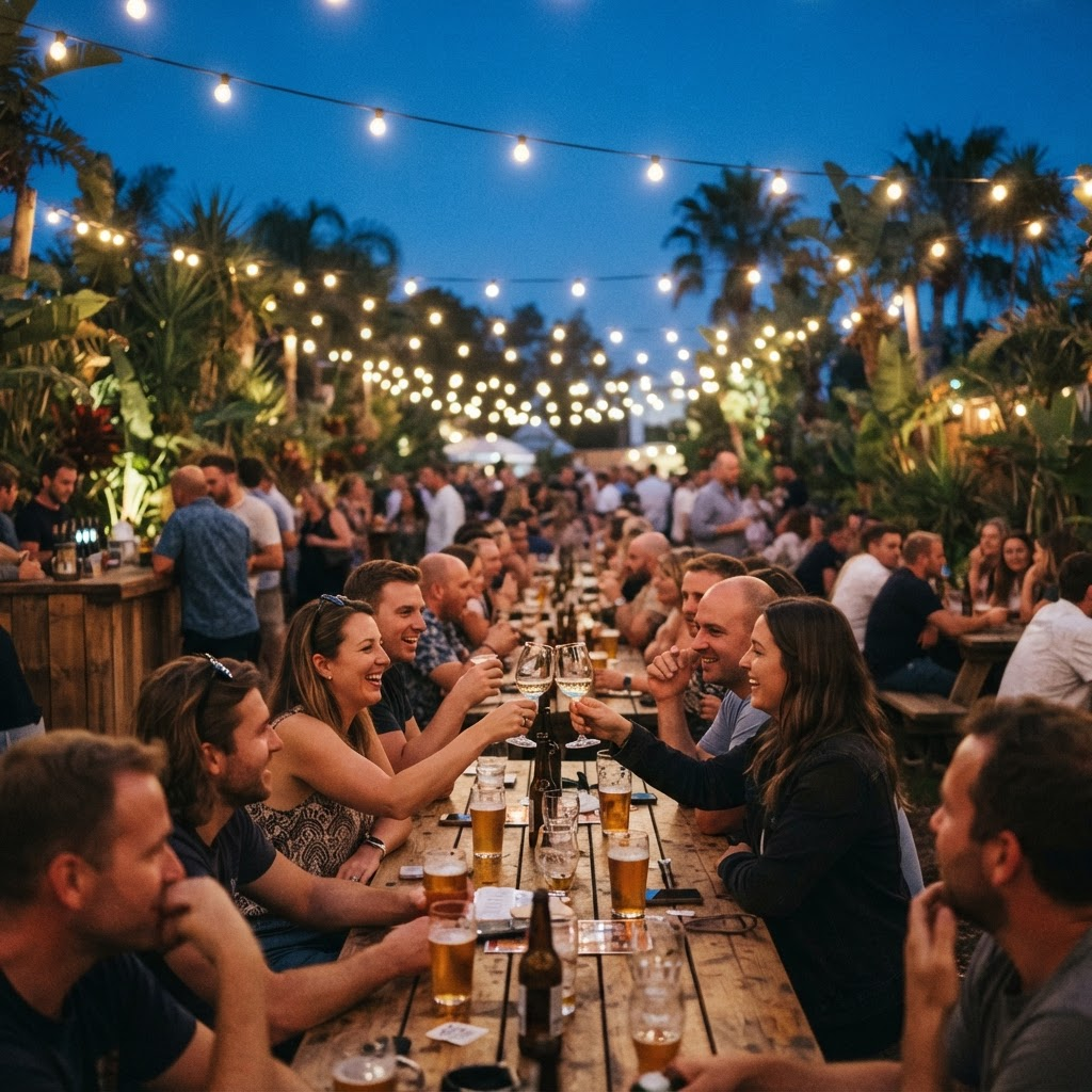 Guests tasting wine and beer at communal tables under string lights at dusk.
